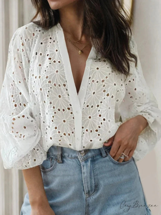 Seductive Flared Long Sleeve V-neck Tunic Blouse WHITE / S blouse-250126