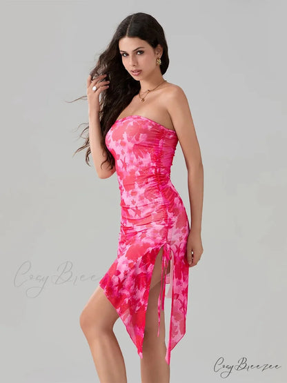 Seductive Floral Print Bandeau Asymmetrical Dress floraldress-250126