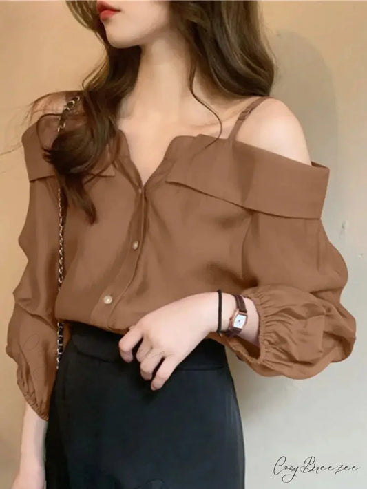 Seductive Off-shoulder Pleated Plain Blouse blouse-250126