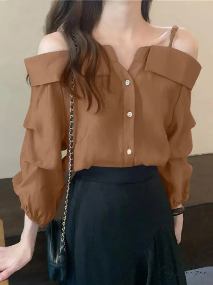 Seductive Off-shoulder Pleated Plain Blouse Khaki / S blouse-250126