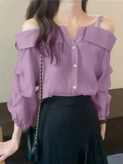 Seductive Off-shoulder Pleated Plain Blouse PURPLE / S blouse-250126