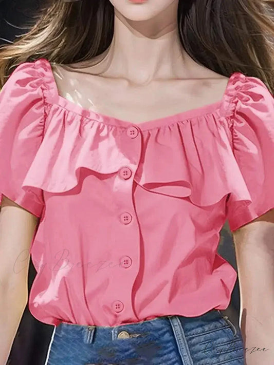Seductive Square-neck Short Sleeve Relaxed Blouse Pink / S blouse-250126