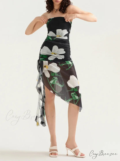 Seductive Strapless Frilled Tassel Mini Dress Black / S floraldress-250126