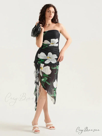 Seductive Strapless Frilled Tassel Mini Dress floraldress-250126