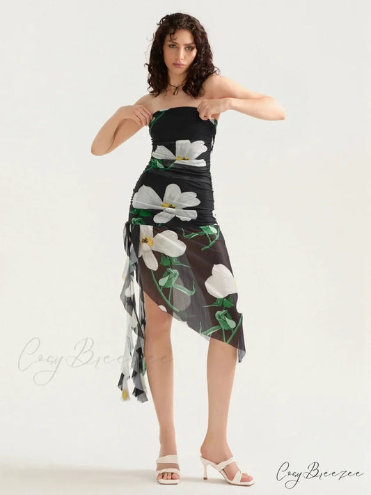 Seductive Strapless Frilled Tassel Mini Dress floraldress-250126