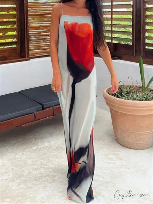 See-Through Abstract Floral Spaghetti Strap Loose Beach Holiday Dress Mixed Color / S floraldress-250126