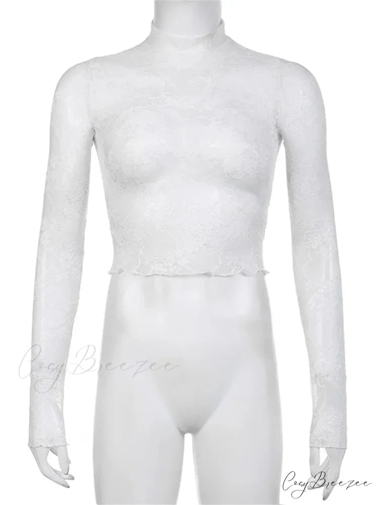See Through Crop Top Long Sleeve High Neck Lace Floral Slim Fit T-shirts