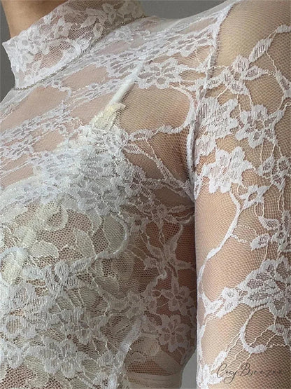 See Through Crop Top Long Sleeve High Neck Lace Floral Slim Fit T-shirts