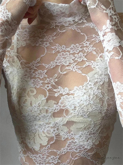 See Through Crop Top Long Sleeve High Neck Lace Floral Slim Fit T-shirts