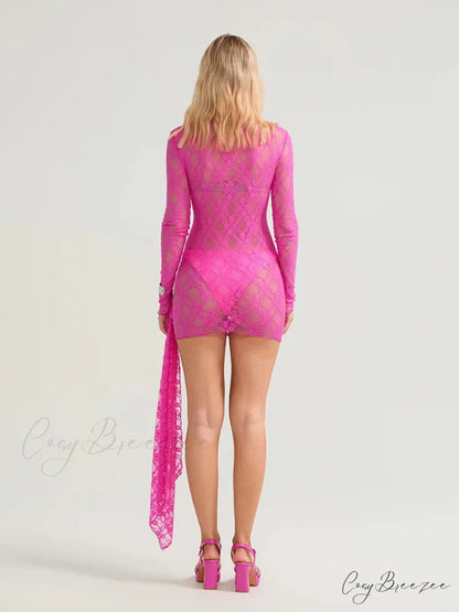 See-Through Lace Mini Bodycon Tassel Floral Dress floraldress-250126