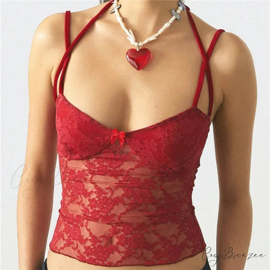 See-Through Lace Patch Crop Top Red / S croptop-250223