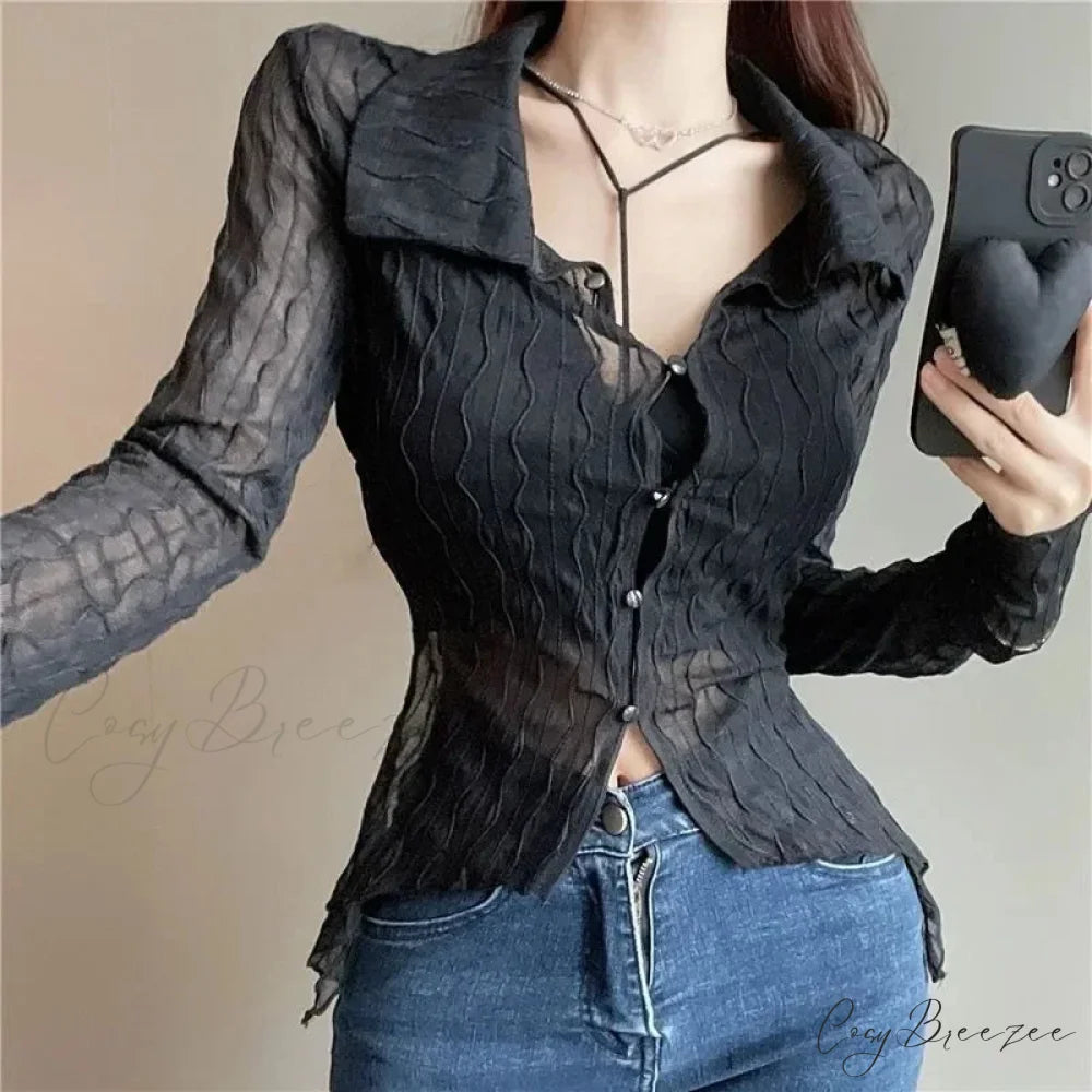 See Through Long Sleeve Turn-down Collar Crop Top Black / big one size blouse-250126