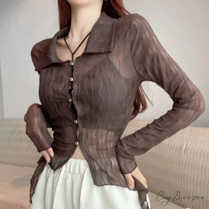 See Through Long Sleeve Turn-down Collar Crop Top Coffee / big one size blouse-250126