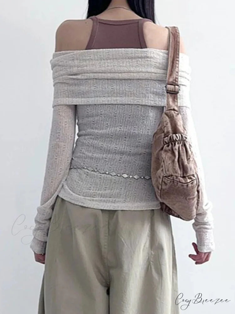 See-Through Printed Slash Neck Long Sleeve Knit Top knittop-250126