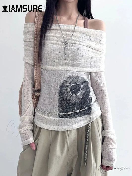 See-Through Printed Slash Neck Long Sleeve Knit Top WHITE / S knittop-250126