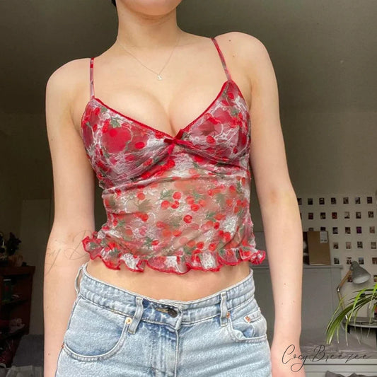 See-Through Ruffled Crop Top Red / S croptop-250223