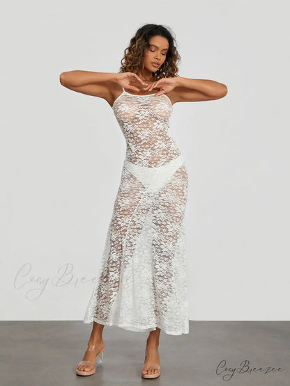 See-Through White Lace Sheer Backless Spaghetti Strap Sundress floraldress-250126