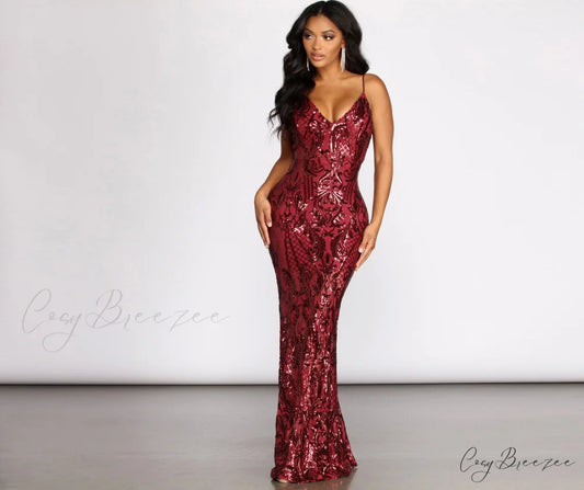 Seline Formal Stylish Sequin Scroll Dress BURGUNDY / S