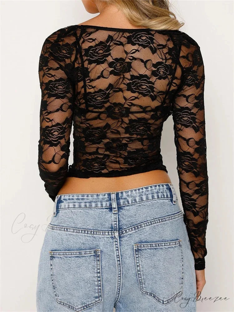 Sensual Floral Mesh Sheer Long Sleeve Crop Top croptop-250126