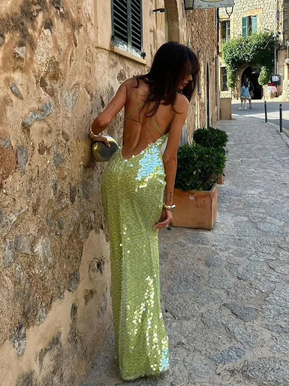 Sequin Backless Lace-Up Square Collar Maxi Dress