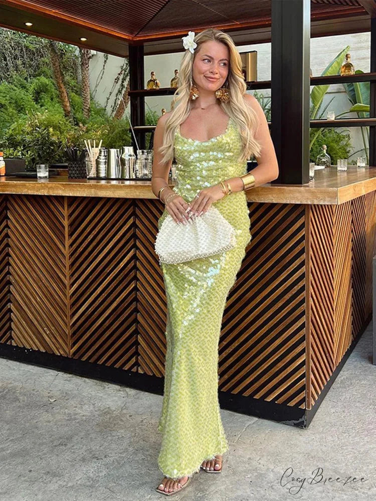 Sequin Backless Lace-Up Square Collar Maxi Dress green / S