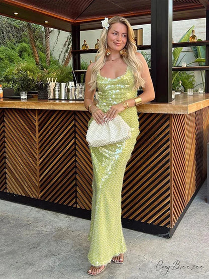 Sequin Backless Lace-Up Square Collar Maxi Dress green / S