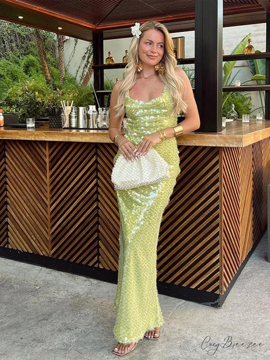 Sequin Backless Lace-Up Square Collar Maxi Dress green / S