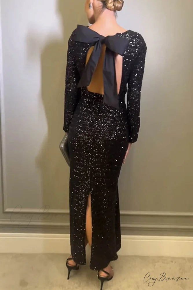 Sequin Bow Backless Dress with Slit Black / M