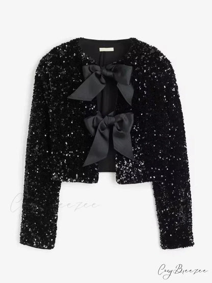 Sequin Bow Lace-Up Short Coat Black / XS