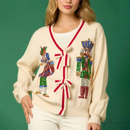 Sequin Christmas Nutcracker V-neck Cardigan BEIGE / S