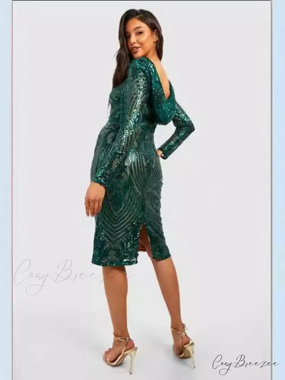 Sequin Hood Stylish Party Dress Green / XS