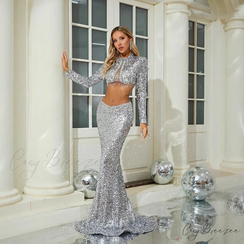 Sequin Long Sleeve Crop Top Mermaid Prom Dress promdress-250223