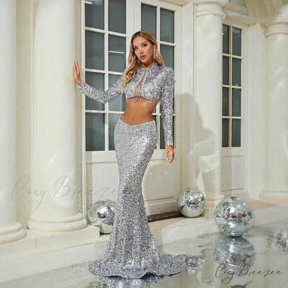 Sequin Long Sleeve Crop Top Mermaid Prom Dress promdress-250223