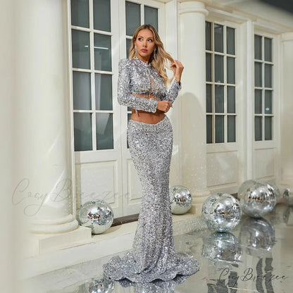 Sequin Long Sleeve Crop Top Mermaid Prom Dress promdress-250223