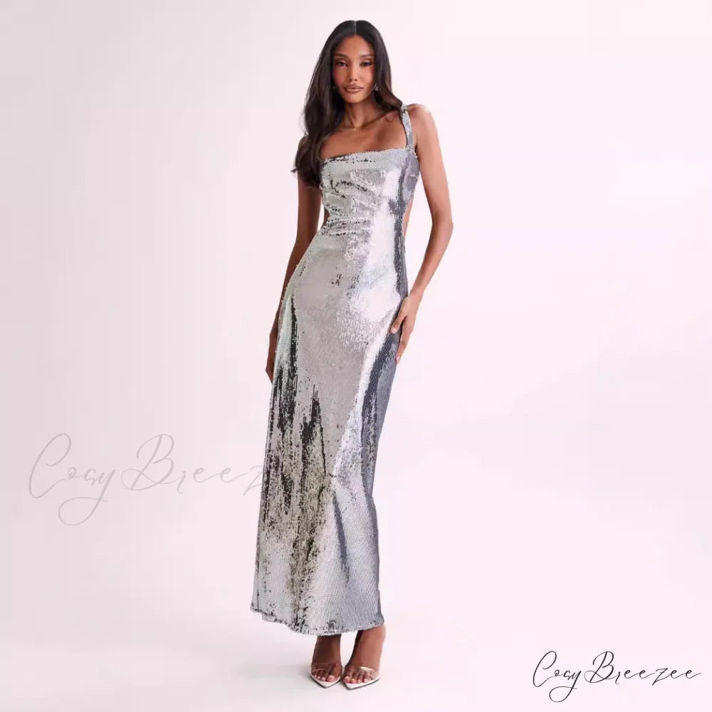 Sequin Open-Back Slim Fit Slit Prom Dress silver / S promdress-250223