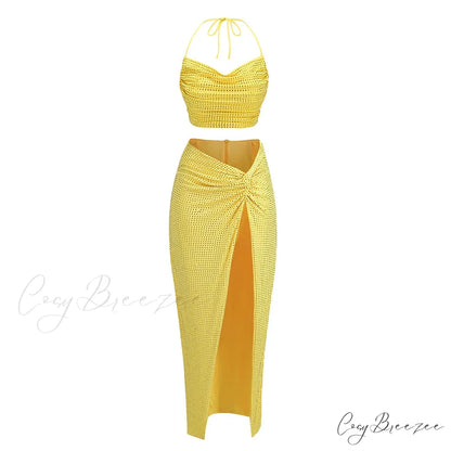 Sequin Open Back Tie Up Crop Modern Top And Wrap Midi Skirt Set Yellow / M