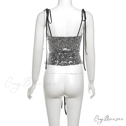 Sequin Silver Cut Out Graceful Tie Up Strappy Top