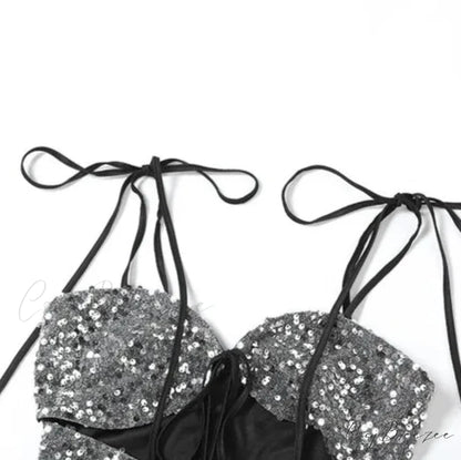 Sequin Silver Cut Out Graceful Tie Up Strappy Top