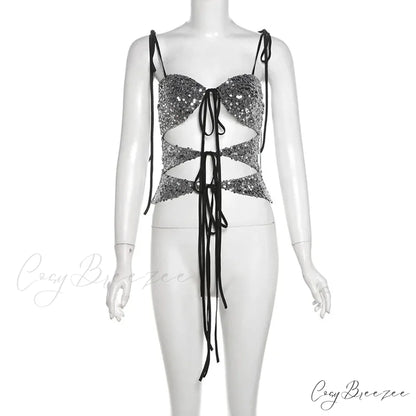 Sequin Silver Cut Out Graceful Tie Up Strappy Top