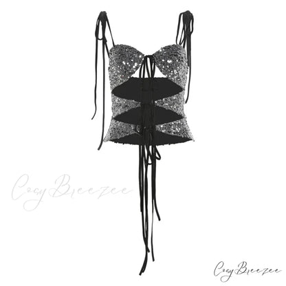 Sequin Silver Cut Out Graceful Tie Up Strappy Top Silver / M