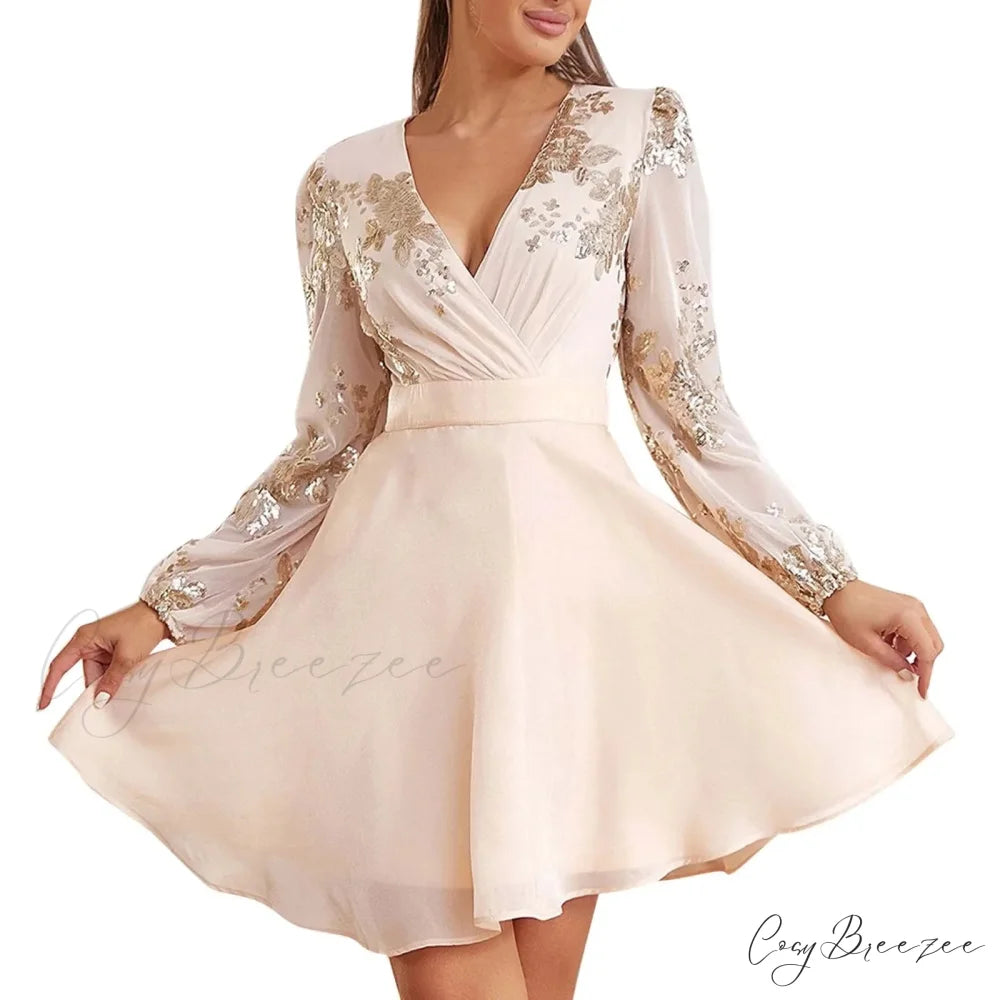 Sequin Stitching V Neck Party Gauze Long Sleeve Short A-Line High Waist Female Elegant Evening Party Dress
