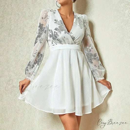 Sequin Stitching V Neck Party Gauze Long Sleeve Short A-Line High Waist Female Elegant Evening Party Dress White / S