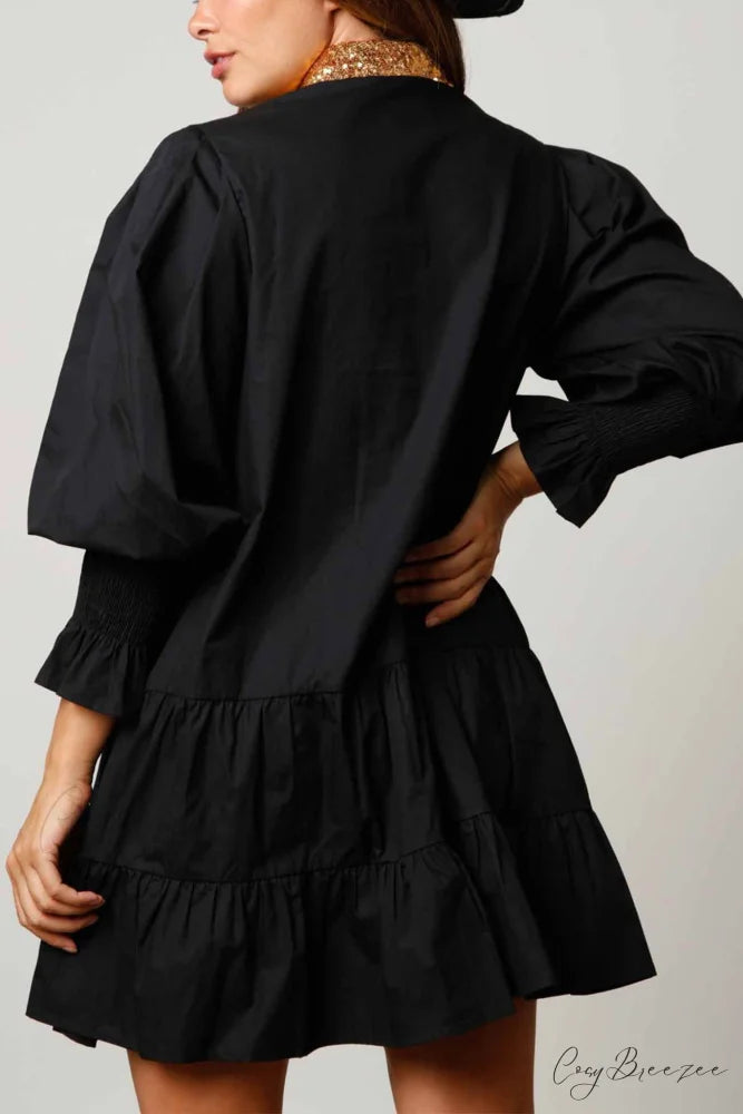Sequin Tiered Mini Dress with Lapel Button Up Black / M