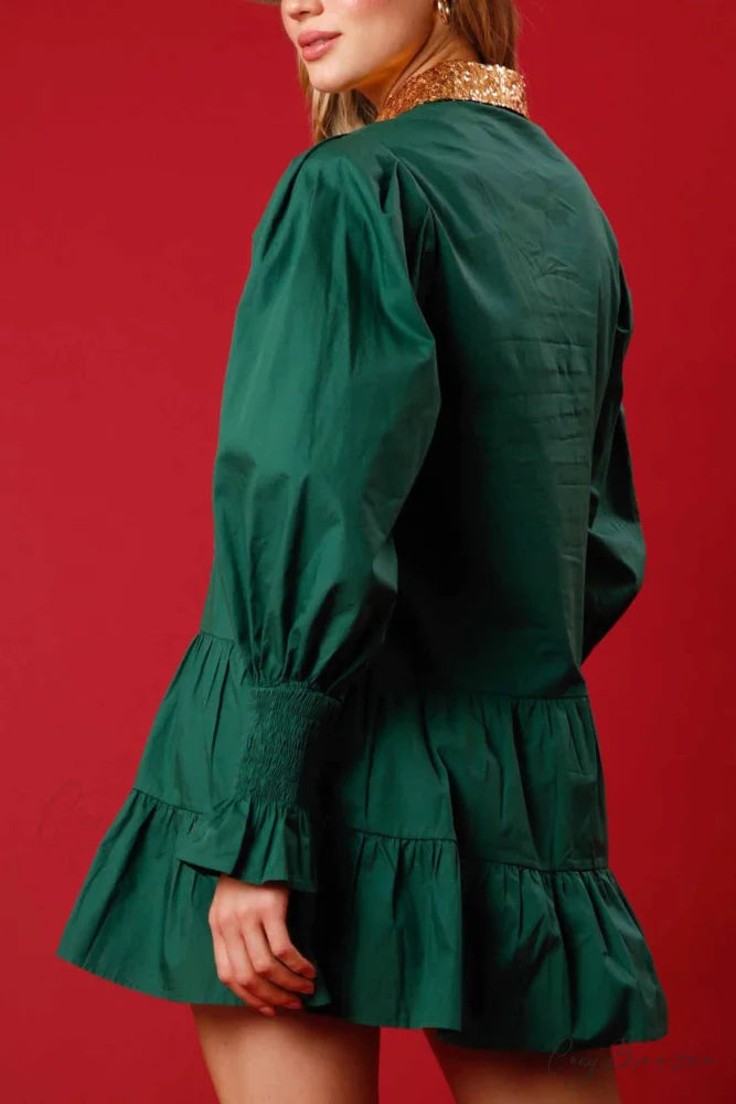 Sequin Tiered Mini Dress with Lapel Button Up Green / M