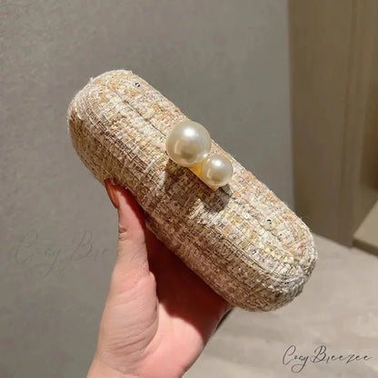 Sequin Tweed Pearl Clutch Gold wristlet-250126