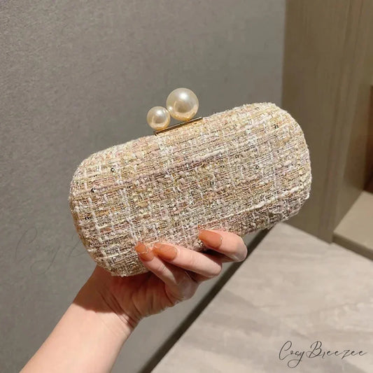 Sequin Tweed Pearl Clutch Gold wristlet-250126