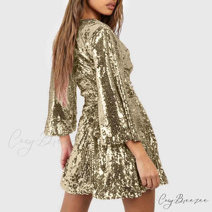 Sequin V Neck Gold Party Evening Long Ball Sexy Gown Women Prom Bridesmaid Elegant High Waist Dress
