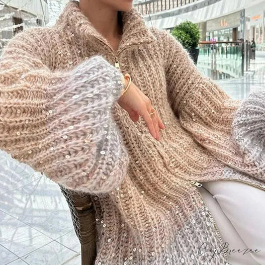 Sequin V-neck Sweater Cardigan Khaki / S cardigans-241228