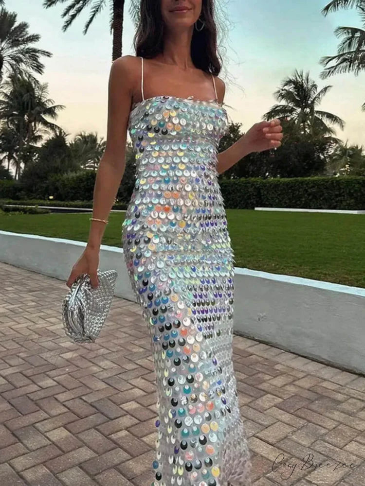 Sequin Versatile Stylish Irregular Midi Dress Silver / S