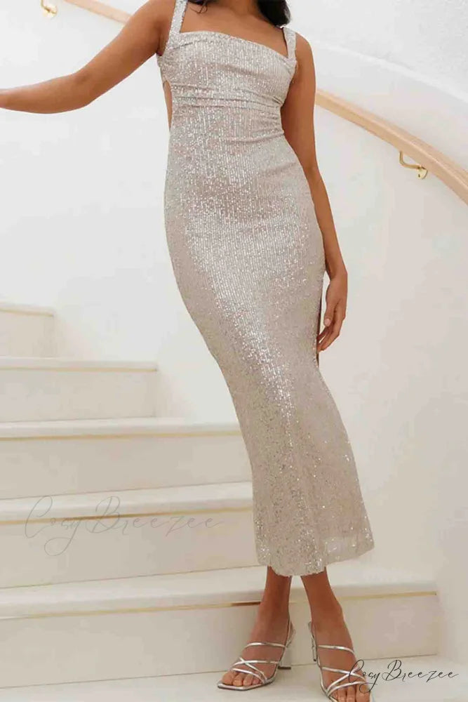 Sequined Backless Dress with Irregular Straps White / S